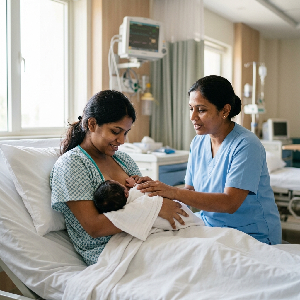Lactation nurse guiding breastfeeding