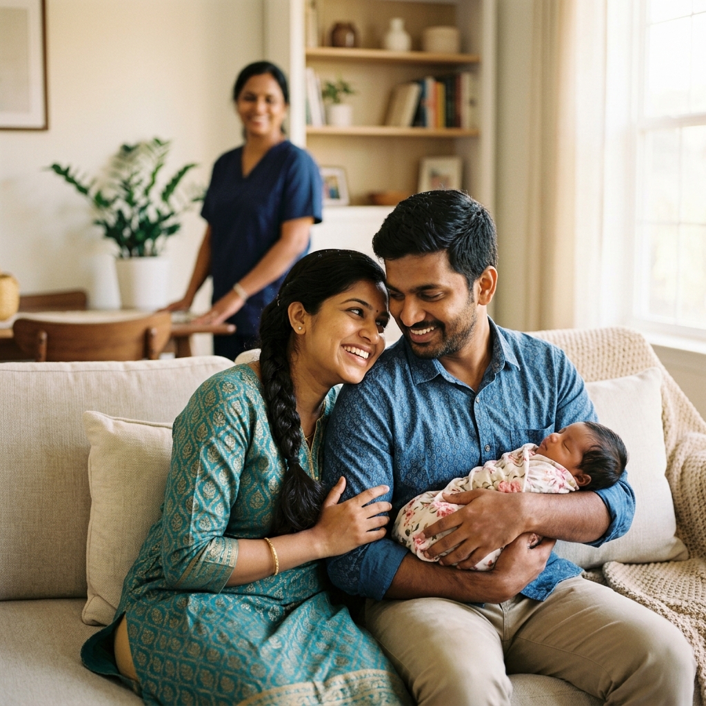 Happy South Indian family with newborn