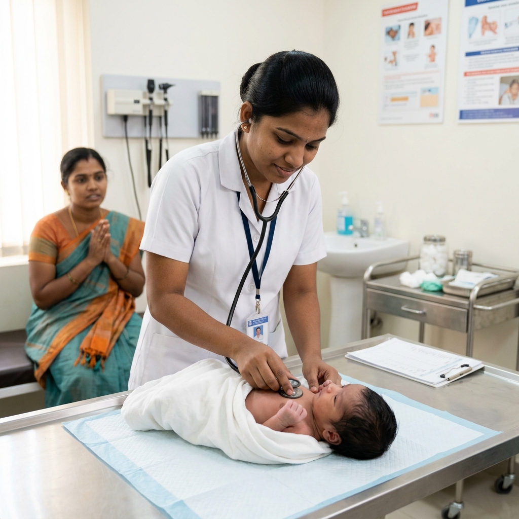 Nurse examining newborn baby