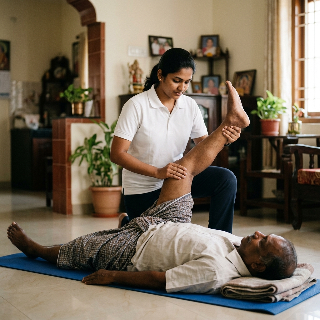 Physiotherapist performing stretching therapy on mat